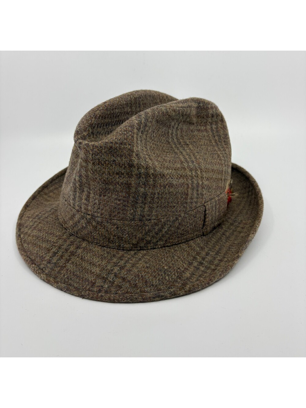 Vintage Adam New York Tweed Fedora Hat 7 1/8 Brown Wool Feather
